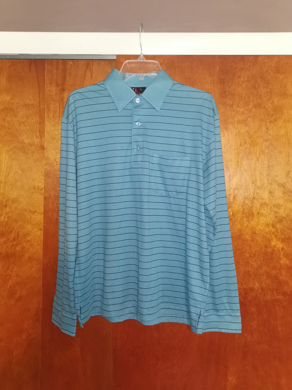 Cotton Where It Counts by Robert Bruce Long-Sleeve Striped Pocket Polo Shirt L
